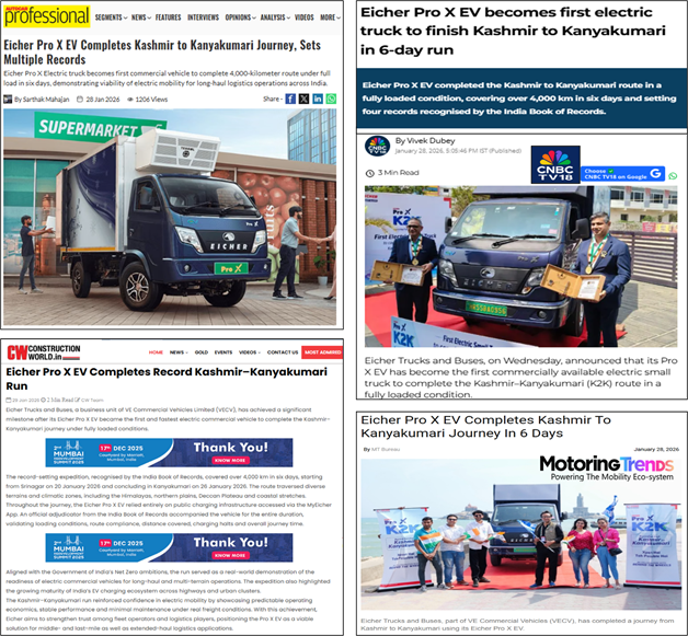 Eicher Pro X EV becomes first truck to successfully complete grueling Kashmir to Kanyakumari route: achieves four records